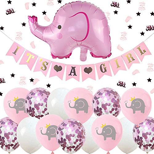 Babyparty Deko Mädchen It's A Girl Girlande Elefant Luftballons Rosa mit IT'S A Girl Konfetti für Taufe Deko Mädchen Baby Geburtstag Dekoration von ENSTAB