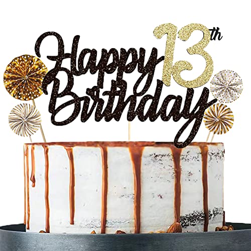 Tortendeko 13 Schwarzes Gold set Doppelseitiges Glitzerpapier Happy Birthday Cake Toppe für Geburtstag Deko 13 von ENSTAB