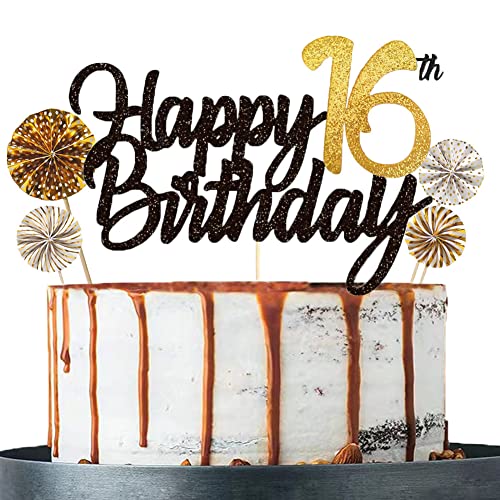 Tortendeko 16 Schwarzes Gold set Doppelseitiges Glitzerpapier Happy Birthday Cake Topper für Geburtstag Deko 16 von ENSTAB