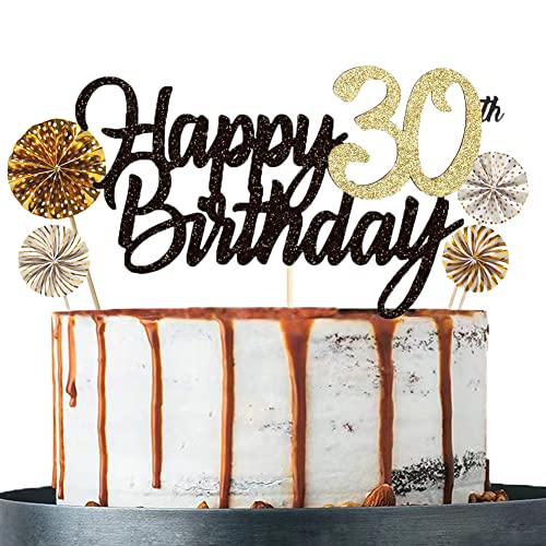Tortendeko 30 Schwarzes Gold set Doppelseitiges Glitzerpapier Happy Birthday Cake Topper für Geburtstag Deko 30 von ENSTAB