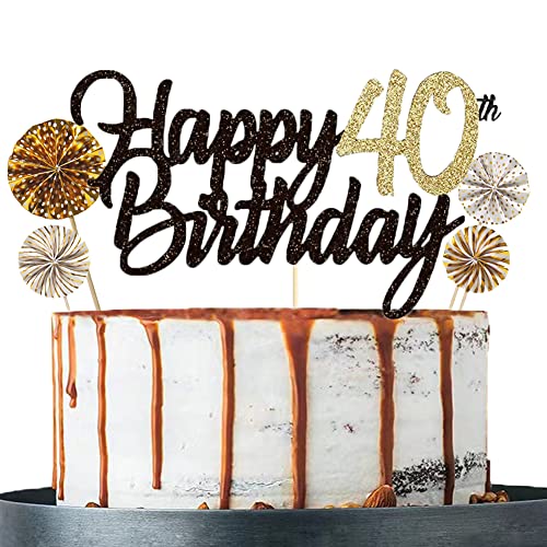Tortendeko 40 Schwarzes Gold set Doppelseitiges Glitzerpapier Happy Birthday Cake Topper für Geburtstag Deko 40 von ENSTAB