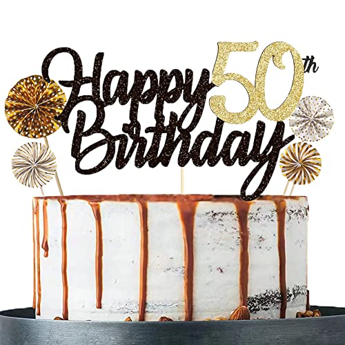 Tortendeko 50 Schwarzes Gold set Doppelseitiges Glitzerpapier Happy Birthday Cake Topper für Geburtstag Deko 50 von ENSTAB