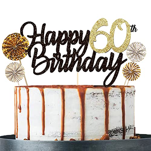 Tortendeko 60 Schwarzes Gold set Doppelseitiges Glitzerpapier Happy Birthday Cake Topper für Geburtstag Deko 60 von ENSTAB