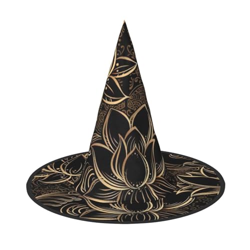 ENVEED Boho Gold Lotus Blumen Bezaubernder Halloween Full Cover Hut - Einzigartiger Hexenhut für temperamentvolle Halloween-Kostüme von ENVEED