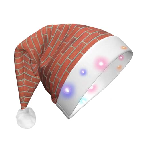 ENVEED Weihnachtsmütze mit roter Ziegelmauer-Textur, LED-beleuchteter Weihnachtsdekorationshut für Erwachsene, Plüsch, leuchtende Weihnachtsmütze für Urlaubsspaß von ENVEED