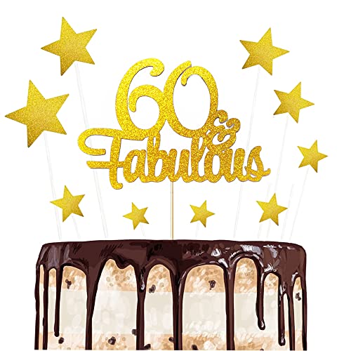 ENYACOS 60 Fabulous Cake Topper,Happy 60th Birthday Cake Topper Glitzer Cake Topper 60 Geburtstag Tortendeko,kuchendeko Geburtstag Jungen und mädchen, Gold tortendeko Geburtstag Herzen deko (60) von ENYACOS