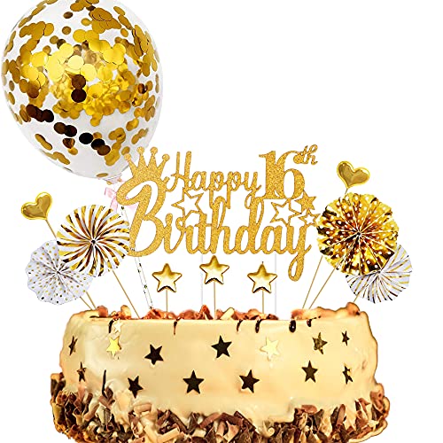 ENYACOS Cake Topper, Happy Birthday Tortendeko 16, Glitzer Cake Topper 16 Geburtstag,kuchendeko Geburtstag Jungen, Gold tortendeko Geburtstag Herzen deko(16Gold) von ENYACOS