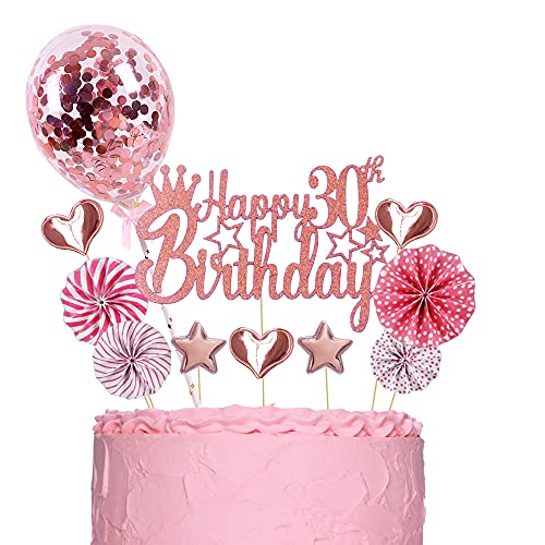 ENYACOS Cake Topper, Happy Birthday Tortendeko 30, Glitzer Cake Topper 30 Geburtstag, kuchendeko Geburtstag mädchen, Rosegold tortendeko Geburtstag mädchen Herzen deko(30Rosa) von ENYACOS
