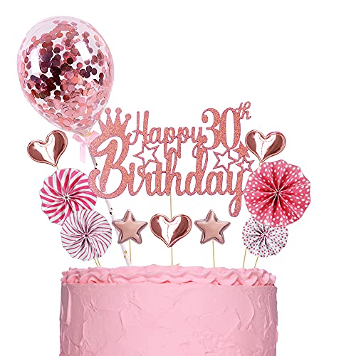 ENYACOS Cake Topper Happy Birthday 30, Glitzer Tortendeko Geburtstag, Rosegold Kuchendeko für Mädchen mit Herzen (30 Rosa) von ENYACOS