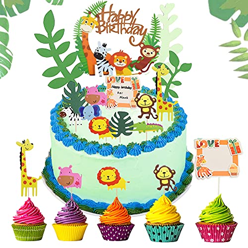 ENYACOS Cake Topper, Tortendeko Geburstagstorte Deko, Cake Topper Happy Birthday, Kuchendekoration geburtstag, Tortendeko Geburtstag Junge, Dschungel Deko, Kuchendeko Geburtstag Für Kinder Mädchen von ENYACOS