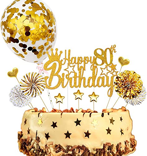 ENYACOS Cake Topper, Happy Birthday Tortendeko 80, Glitzer Cake Topper 80 Geburtstag, kuchendeko Geburtstag Jungen, Gold tortendeko Geburtstag Herzen deko (80Gold) von ENYACOS