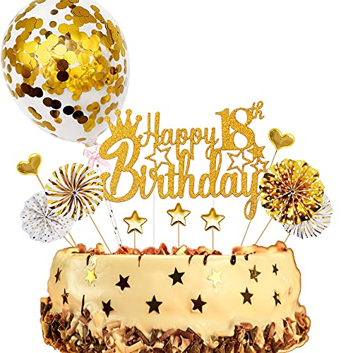 ENYACOS Cake Topper, Happy Birthday Tortendeko 18, Glitzer Cake Topper 18 Geburtstag, kuchendeko Geburtstag Jungen, Gold tortendeko Geburtstag Herzen deko(18Gold) von ENYACOS