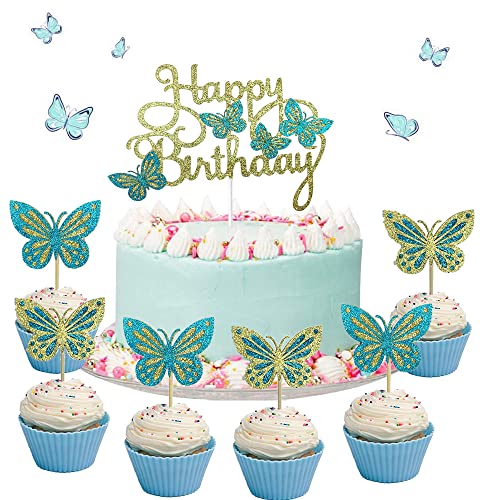 ENYACOS Tortendeko Mädchen Schmetterling Cake Topper Kuchen Deko Geburtstag Schmetterling Kuchen Topper Cupcake, Schmetterling Happy Birthday Kuchen Topper Glitzer Schmetterling Kuchen Topper (B) von ENYACOS