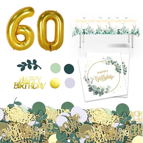 EOAMGO 20 stück Servietten Happy Birthday+100 Stück Konfetti Geburtstag Gold Grün+32 zoll Gold 60 jahr alter Zahlen Luftballon+1 Stück 130 x 220cm Eukalyptus Einweg Tischdecke Geburtstag (60) von EOAMGO