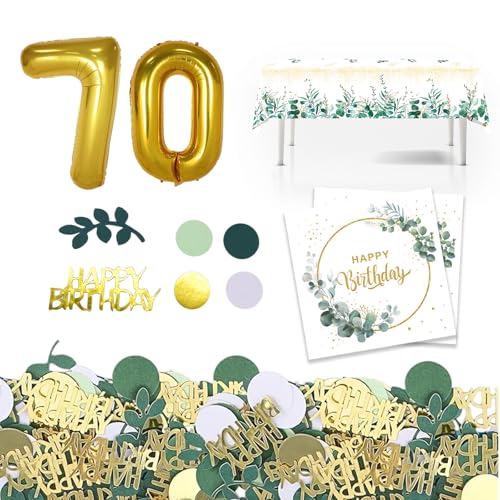 EOAMGO 20 stück Servietten Happy Birthday+100 Stück Konfetti Geburtstag Gold Grün+32 zoll Gold 70 jahr alter Zahlen Luftballon+1 Stück 130 x 220cm Eukalyptus Einweg Tischdecke Geburtstag (70) von EOAMGO
