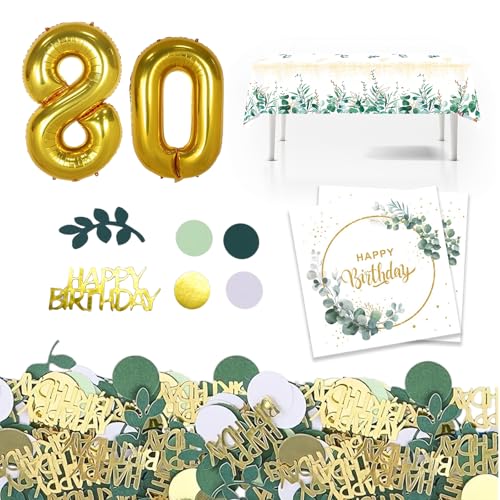 EOAMGO 20 stück Servietten Happy Birthday+100 Stück Konfetti Geburtstag Gold Grün+32 zoll Gold 80 jahr alter Zahlen Luftballon+1 Stück 130 x 220cm Eukalyptus Einweg Tischdecke Geburtstag (80) von EOAMGO