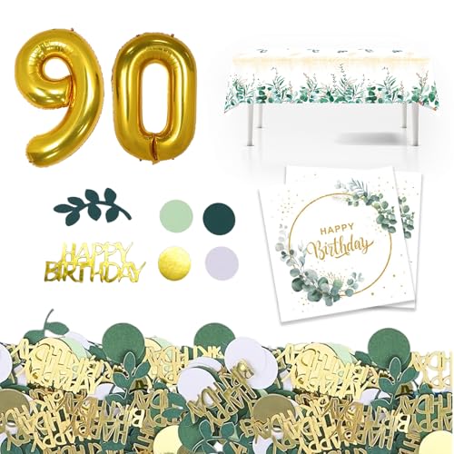 EOAMGO 20 stück Servietten Happy Birthday+100 Stück Konfetti Geburtstag Gold Grün+32 zoll Gold 90 jahr alter Zahlen Luftballon+1 Stück 130 x 220cm Eukalyptus Einweg Tischdecke Geburtstag (90) von EOAMGO