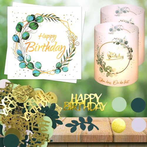 Tischdeko Geburtstag, Party Deko für Frau Mann, 20 Servietten Geburtstag Grün Eukalyptus, 12 Happy Birthday Geburtstagsdeko Windlichter Tischdeko, 100 Konfetti Tischdeko Salbeigrün für Mädchen Junge Tischdeko Geburtstag, Party Deko für Frau Mann, 20 Servietten Geburtstag Grün Eukalyptus, 12 Happy Birthday Geburtstagsdeko Windlichter Tischdeko, 100 Konfetti Tischdeko Salbeigrün für Mädchen Junge von EOAMGO