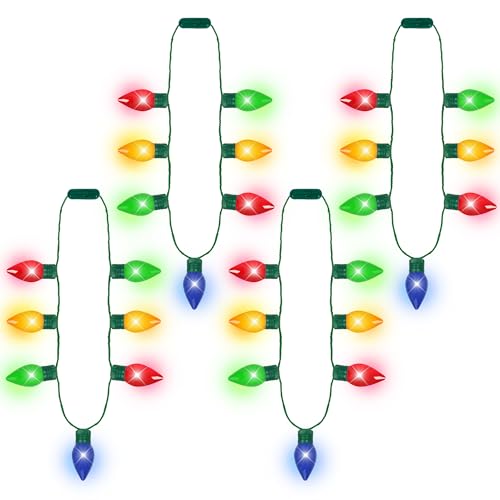 4 x beleuchtete Weihnachts-Halskette, 7 Glühbirnen, Weihnachtsdekoration, Partyzubehör, rot, gelb, blau, grün, leuchtend, bunte Weihnachts-Halskette, Zubehör für Weihnachten, hässliche Pullover von EOBOH