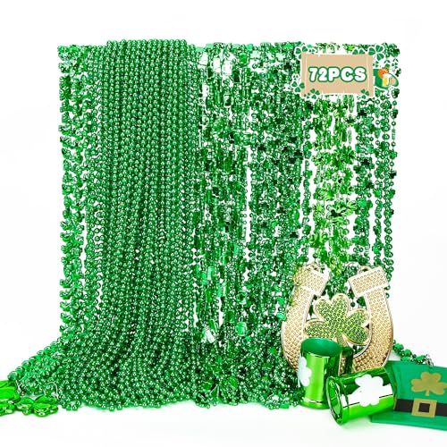 St. Patricks Day Halskette, Metallic, 8 Arten von St. Patricks-Perlen, irisches Kleeblatt, Bierkrug-Münzen, Zubehör-Set, St. Patricks-Halskette für Erwachsene, Partyzubehör, Gastgeschenke, 72 Stück von EOBOH