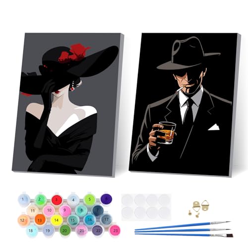 2 Stück Schwarzes Kleid Lady Malen Nach Zahlen Kinder mit Rahmen, Malen nach Zahlen ab 5 6 7 9 10 Jahre Mädchen, Paint by Numbers Gentleman, DIY Handgemalt ÖLgemäLde Leinwand für Home Décor 20x30 cm von EOBROMD