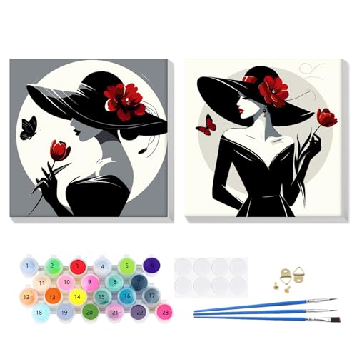 EOBROMD 2 Stück Schwarzes Kleid Lady Malen Nach Zahlen Erwachsene mit Rahmen, Malen Nach Zahlen Blumen, Paint by Numbers, DIY Leinwand Handgemalt Ölgemälde Set für Home Decor 20x20cm von EOBROMD