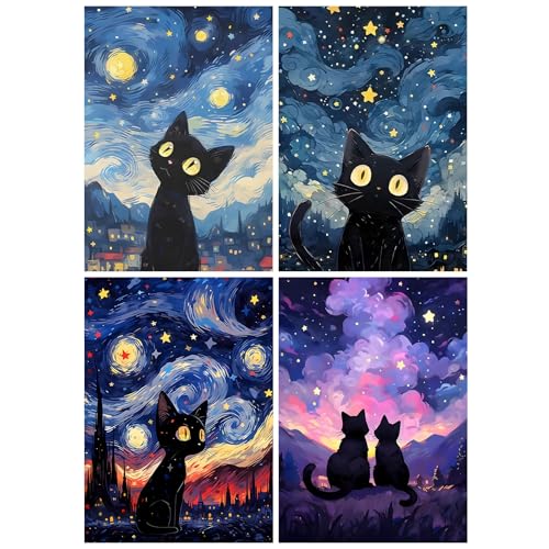 EOBROMD 4 Pack Diamond Painting Sternenhimmel, 5D Diamant Painting Bilder für Erwachsene Katze, DIY Fantasie Diamant Malerei Set für Wanddekoration 30x40cm von EOBROMD