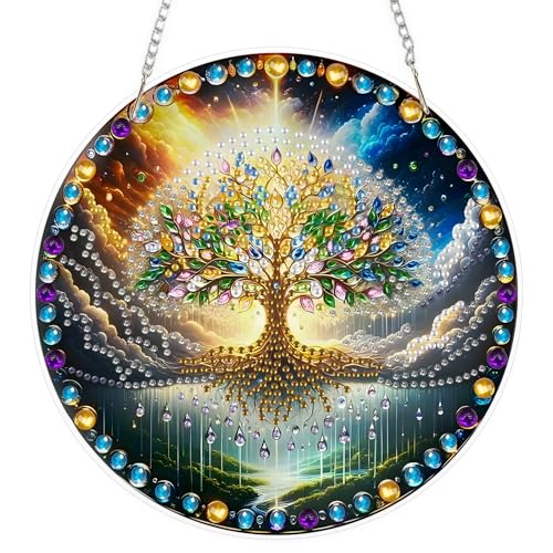 EOBROMD Baum des Lebens Diamond Painting Fensterbilder, 5D Diamond Painting Anhänger Deko mit Kette, Diamant Malerei für Wand Und Eingang Dekoration EOBROMD Baum des Lebens Diamond Painting Fensterbilder, 5D Diamond Painting Anhänger Deko mit Kette, Diamant Malerei für Wand Und Eingang Dekoration von EOBROMD