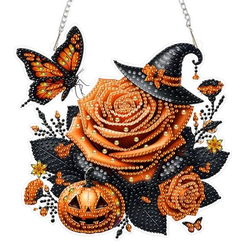 EOBROMD Blumen Diamond Painting Fensterbilder, 5D Kürbis Diamond Painting Anhänger Deko mit Kette, Schmetterling Diamant Malerei für Wand Und Eingang Dekoration von EOBROMD