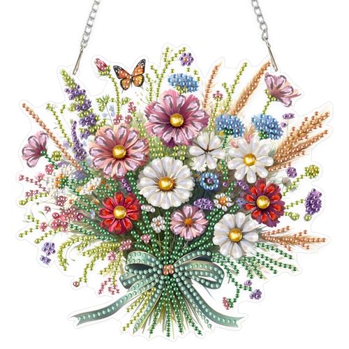 EOBROMD Blumenstrauß Diamond Painting Fensterbilder, 5D Blumen Diamond Painting Anhänger Deko mit Kette, Diamant Malerei für Wand Und Eingang Dekoration EOBROMD Blumenstrauß Diamond Painting Fensterbilder, 5D Blumen Diamond Painting Anhänger Deko mit Kette, Diamant Malerei für Wand Und Eingang Dekoration von EOBROMD