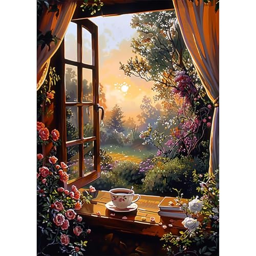EOBROMD Diamond Painting Fensterblick, 5D Diamant Painting Bilder für Erwachsene Sonnenuntergang, DIY Diamant Malerei Set für Wanddekoration 30x40 cm von EOBROMD