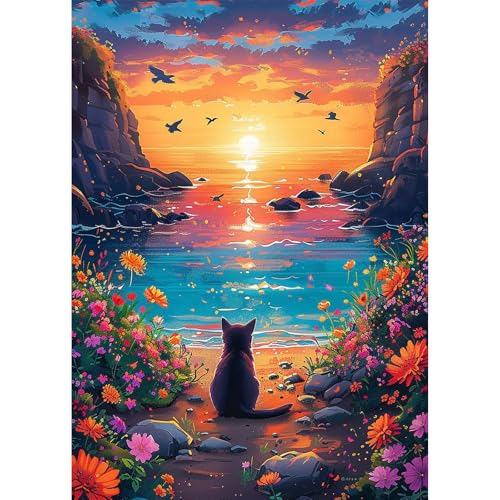 EOBROMD Diamond Painting Katze, 5D Diamant Painting Bilder für Erwachsene Meeresufer, DIY Landschaft Diamant Malerei Set für Wanddekoration 30x40 cm von EOBROMD