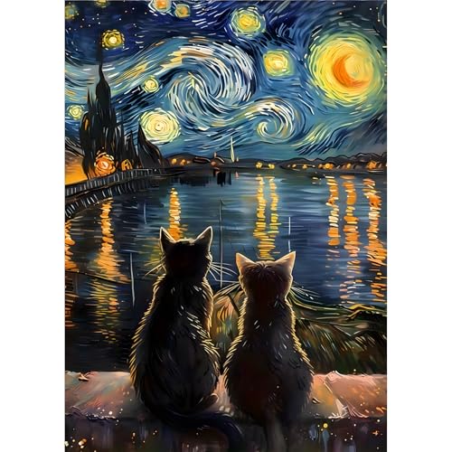 EOBROMD Diamond Painting Katze, 5D Diamant Painting Bilder für Erwachsene Sternennacht, DIY Nachtszene Diamant Malerei Set für Wanddekoration 30x40cm von EOBROMD