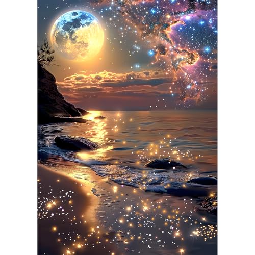 EOBROMD Diamond Painting Mond, 5D Diamant Painting Bilder für Erwachsene Meeresstrand, DIY Landschaft Diamant Malerei Set für Wanddekoration 30x40 cm von EOBROMD