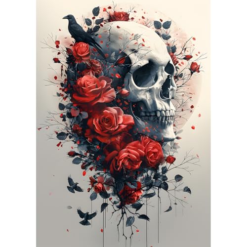 EOBROMD Diamond Painting Skelett, 5D Diamant Painting Bilder für Erwachsene Rose, DIY Krähe Diamant Malerei Set für Wanddekoration 30x40 cm von EOBROMD
