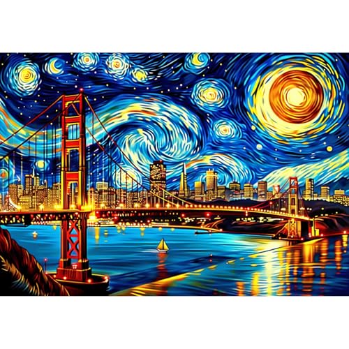 EOBROMD Diamond Painting Sternenhimmel, 5D Diamant Painting Bilder für Erwachsene Golden Gate Bridge, DIY Landschaft Diamant Malerei Set für Wanddekoration 30x40 cm von EOBROMD