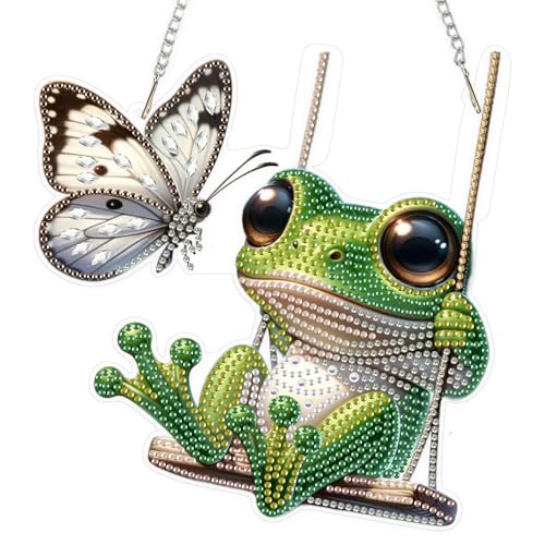 EOBROMD Frösche auf Schaukeln Diamond Painting Fensterbilder, 5D Schmetterling Diamond Painting Anhänger Deko mit Kette, Diamant Malerei für Wand Und Eingang Dekoration von EOBROMD