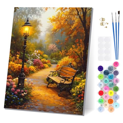 EOBROMD Herbstlandschaft Malen Nach Zahlen Erwachsene mit Rahmen, Malen Nach Zahlen Garten, Bank Paint by Numbers, DIY Leinwand Handgemalt Ölgemälde Set für Home Decor 30x40cm von EOBROMD