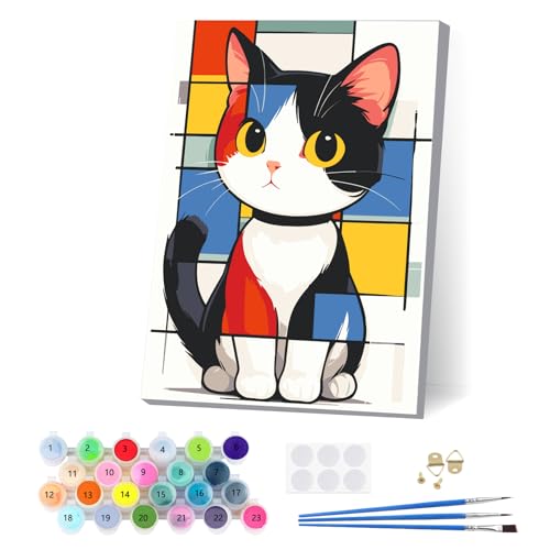 EOBROMD Katze Malen Nach Zahlen Erwachsene Kinder mit Rahmen, Malen nach Zahlen ab 5 6 7 9 10 Jahre Mädchen, Cartoon Paint by Numbers, DIY Leinwand Handgemalt Ölgemälde Set für Home Decor 20x30cm von EOBROMD