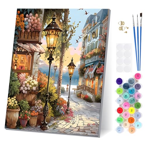 EOBROMD Kleinstadt Straßenszene Malen Nach Zahlen Erwachsene mit Rahmen, Malen Nach Zahlen, Paint by Numbers, DIY Leinwand Handgemalt Ölgemälde Set für Home Decor 30x40cm von EOBROMD