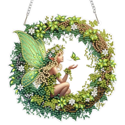 EOBROMD Kranz Diamond Painting Fensterbilder, 5D Elf Diamond Painting Anhänger Deko mit Kette, Diamant Malerei für Wand Und Eingang Dekoration EOBROMD Kranz Diamond Painting Fensterbilder, 5D Elf Diamond Painting Anhänger Deko mit Kette, Diamant Malerei für Wand Und Eingang Dekoration von EOBROMD