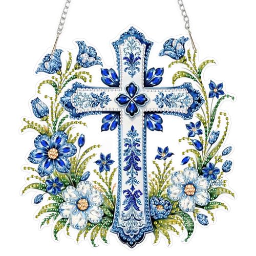 EOBROMD Kreuz Diamond Painting Fensterbilder, 5D Blumen Diamond Painting Anhänger Deko mit Kette, Diamant Malerei für Wand Und Eingang Dekoration EOBROMD Kreuz Diamond Painting Fensterbilder, 5D Blumen Diamond Painting Anhänger Deko mit Kette, Diamant Malerei für Wand Und Eingang Dekoration von EOBROMD
