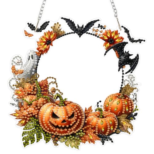 EOBROMD Kürbis Diamond Painting Fensterbilder, 5D Halloween Diamond Painting Anhänger Deko mit Kette, Kranz Diamant Malerei für Wand Und Eingang Dekoration EOBROMD Kürbis Diamond Painting Fensterbilder, 5D Halloween Diamond Painting Anhänger Deko mit Kette, Kranz Diamant Malerei für Wand Und Eingang Dekoration von EOBROMD