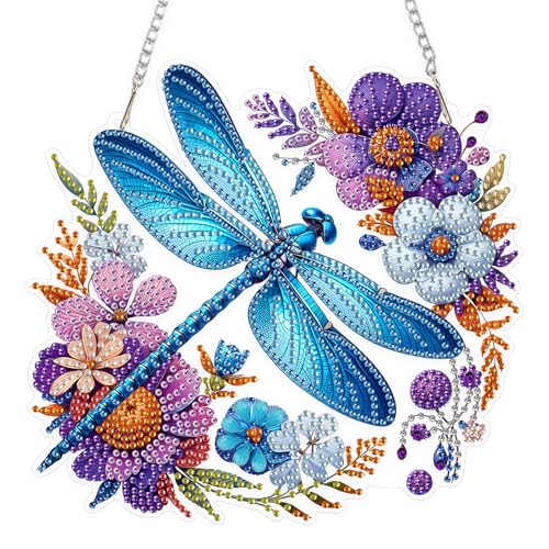 EOBROMD Libelle Diamond Painting Fensterbilder, 5D Blume Diamond Painting Anhänger Deko mit Kette, Diamant Malerei für Wand Und Eingang Dekoration EOBROMD Libelle Diamond Painting Fensterbilder, 5D Blume Diamond Painting Anhänger Deko mit Kette, Diamant Malerei für Wand Und Eingang Dekoration von EOBROMD