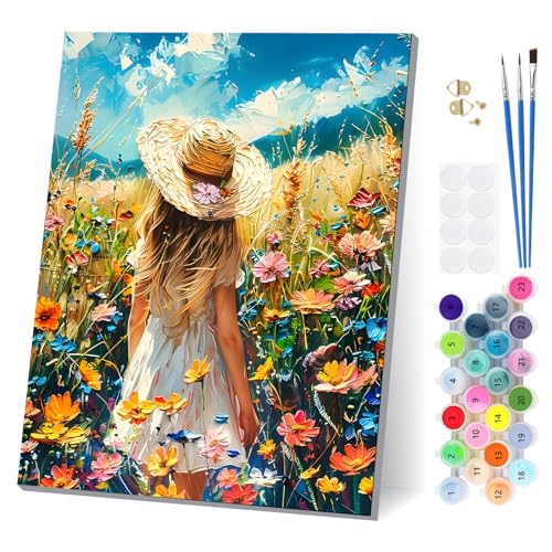 EOBROMD Mädchen mit Strohhut Malen Nach Zahlen Erwachsene mit Rahmen, Malen Nach Zahlen Blumen, Paint by Numbers, DIY Leinwand Handgemalt Ölgemälde Set für Home Decor 30x40cm von EOBROMD