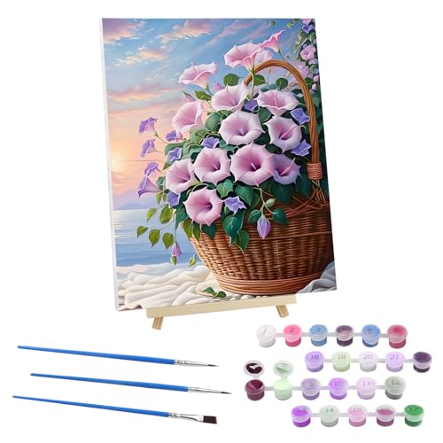 EOBROMD Malen Nach Zahlen Erwachsene mit Rahmen Seeseite, Blumen Malen nach Zahlen mit Faltenfreie Leinwand und Holzstaffelei, DIY Korb Handgemalt Ölgemälde Kit für Anfänger Als Geschenk 30x40cm von EOBROMD