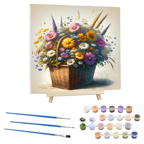 EOBROMD Malen Nach Zahlen Erwachsene mit Rahmen Blumenkorb, Malen nach Zahlen mit Faltenfreie Leinwand und Holzstaffelei, DIY Blumen Handgemalt Ölgemälde Kit für Anfänger Als Geschenk 30x30cm von EOBROMD