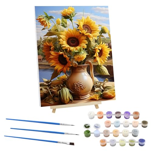 EOBROMD Malen nach Zahlen Erwachsene mit Rahmen, Malen nach Zahlen mit Faltenfreie Leinwand und Holzstaffelei, DIY Blumen Handgemalt Ölgemälde Kit für Anfänger Als Geschenk 30x40cm (Sonnenblume) von EOBROMD