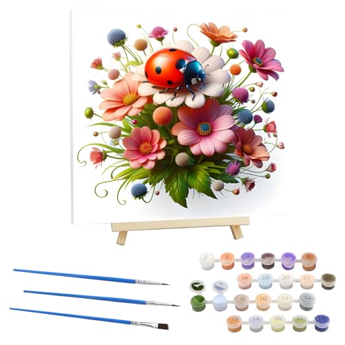 EOBROMD Malen nach Zahlen für Erwachsene mit Rahmen, Malen nach Zahlen mit Faltenfreie Leinwand und Holzstaffelei, DIY Blume Handgemalt Ölgemälde Kit für Anfänger Als Geschenk 30x30cm (Marienkäfer) von EOBROMD