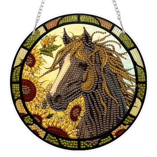 EOBROMD Pferd Diamond Painting Fensterbilder, 5D Sonnenblume Diamond Painting Anhänger Deko mit Kette, Diamant Malerei für Wand Und Eingang Dekoration von EOBROMD